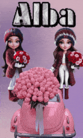 a picture of two dolls holding flowers in front of a pink car with the name alba above them
