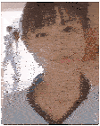 a close up of a woman 's face with a blurry background of people walking in a hallway .