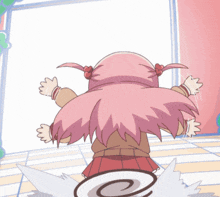 a cartoon girl with pink hair is standing in front of a white wall