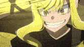 a close up of a yellow haired anime character with a big smile