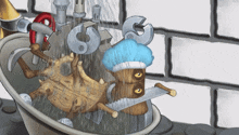 a cartoon drawing of a monster in a bathtub with a wrench on its head