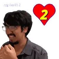 a pixelated image of a man with glasses and a red heart with the number 2 on it