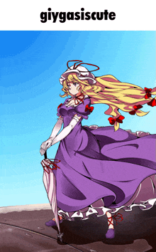 a girl in a purple dress is holding an umbrella with the word giygasicute below her