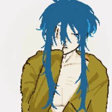 a pixel art drawing of a man with blue hair