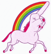 a pink unicorn with a rainbow on its back is being held by a hand .
