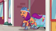 a cartoon pony wearing roller skates and a helmet is standing in front of a store