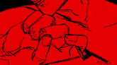 a black and white drawing of a person holding a knife with a red background