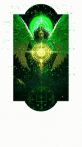 a painting of an angel with green wings is surrounded by a circle with the letters lh on it