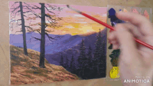 a person is painting a landscape with the words made in animotica on the bottom