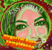 a painting of a woman 's face with the words " auguri di buon compleanno " below it