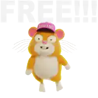 a cartoon hamster wearing a pink hat that says " free " on it
