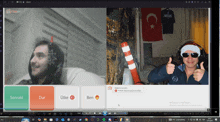 a man wearing sunglasses and headphones gives a thumbs up while talking to another man on a video call