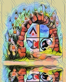a painting of a brick archway with flowers and a sign that says rio guaped blueheart