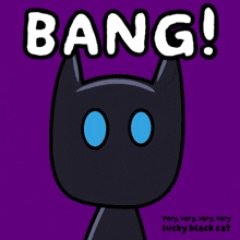 a cartoon of a black cat with blue eyes and bang written above it
