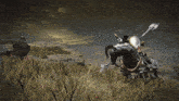 a person riding a horse in a field with a feather in their mouth