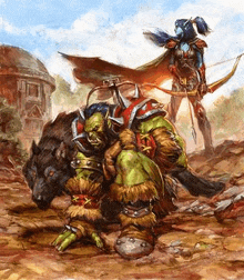 a painting of a orc riding a wolf next to a woman holding a bow and arrow .