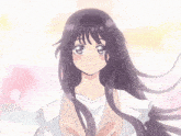 a drawing of a girl with long purple hair and a white dress