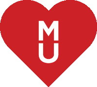 a red heart with a white letter m and u on it