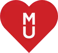a red heart with a white letter m and u on it