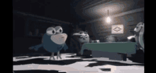 a cartoon character is standing in front of a table in a dark room .