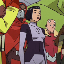 a group of cartoon characters are standing together and one of them has the number 1 on her chest