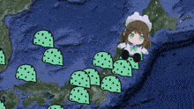 a stuffed doll is sitting on a pile of green dots on a map