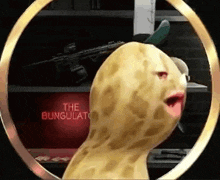 a cartoon character is standing in front of a shelf with guns and a sign that says the bungulat