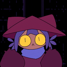 a cartoon character with yellow eyes and a hat