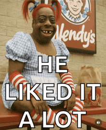 a wendy 's sign is behind a woman in a wendy 's dress