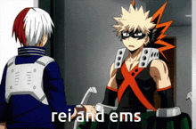 two anime characters shaking hands with the words rei and ems in the bottom right corner