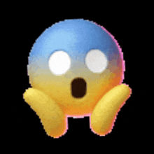 a blue and yellow smiley face with its mouth open