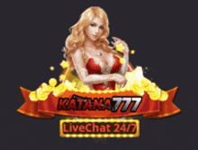 a woman in a red dress is standing in front of a banner that says katana777 livechat 24/7