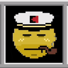 a pixel art drawing of a smiley face wearing a hat and smoking a pipe