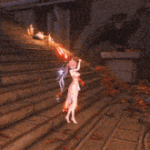 a woman in a white dress is running in a video game with a red flame behind her