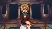 a girl with glasses and a bow tie is holding a sword