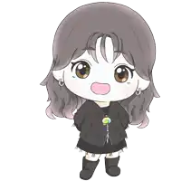 a cartoon drawing of a girl with brown eyes and a black jacket