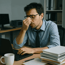 a man with glasses is rubbing his nose while using a laptop computer