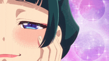 a close up of a girl 's face with a purple background