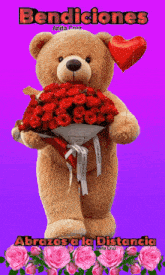 a teddy bear is holding a bouquet of red roses with the words bendiciones written above it
