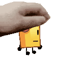 a hand is holding a yellow box with a face and wheels .