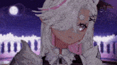 a drawing of a girl with white hair and a bat on her head .