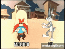 two cartoon characters named malco and bugs bunny are standing next to each other in a town