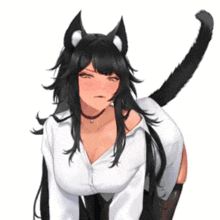 a girl with black hair and cat ears is wearing a white shirt and a choker .