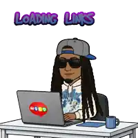 a cartoon of a man sitting at a desk with a laptop and the words loading links