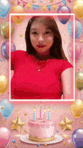 a woman is surrounded by balloons and a birthday cake with candles on it
