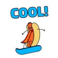 a cartoon drawing of a hot dog wearing a scarf and riding a snowboard with the word cool below it