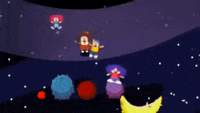 a group of cartoon characters are standing on a planet in space