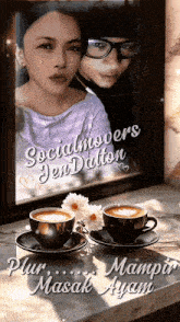 two cups of coffee on a saucer with the words socialmovers jen dalton written on it