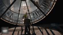 a man stands in front of a large clock with roman numerals iv and xii