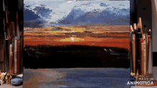 a painting of a sunset on a canvas is made in animatica